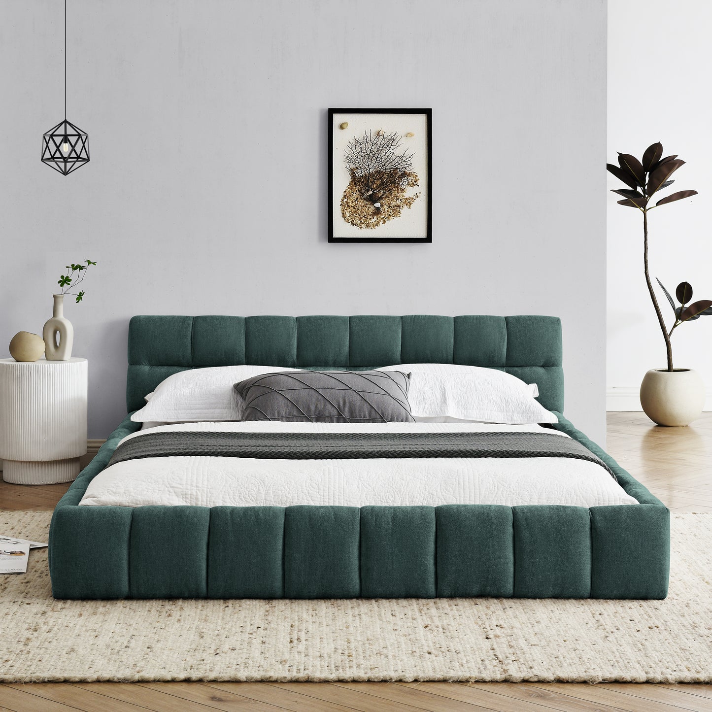Queen Size Upholstered Bed Frame With Thick Fabric, Chenille Fabric Grounded Queen Size Platform Bed With Headboard And Solid Frame. No Box Spring Needed, GREEN 68x86.5x23.5