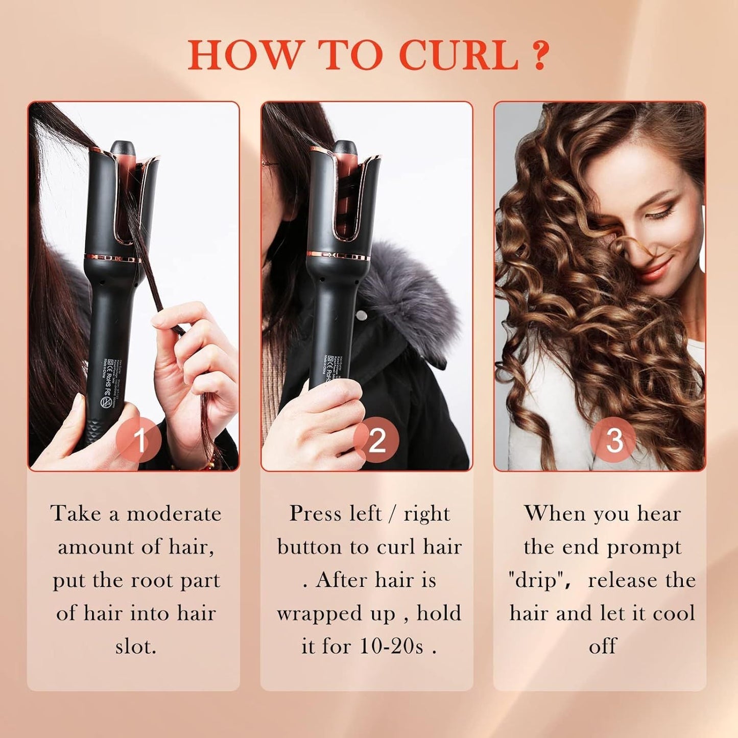 Automatic Curling Iron, Ceramic Ionic Auto-Rotating Hair Curling Wand with Anti-Stuck Technology - Black