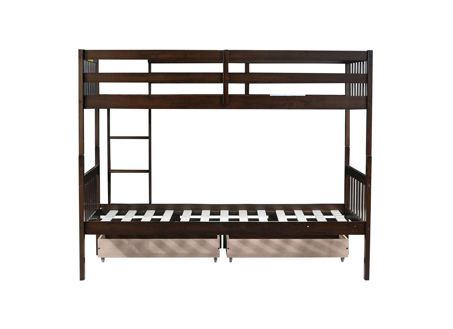 Twin Over Twin Rubber Wood Bunk Bed with 2 Drawers, Convertible into 2 Twin Beds, Twin Size Bunk Bed with Ladder and Safety Guardrails