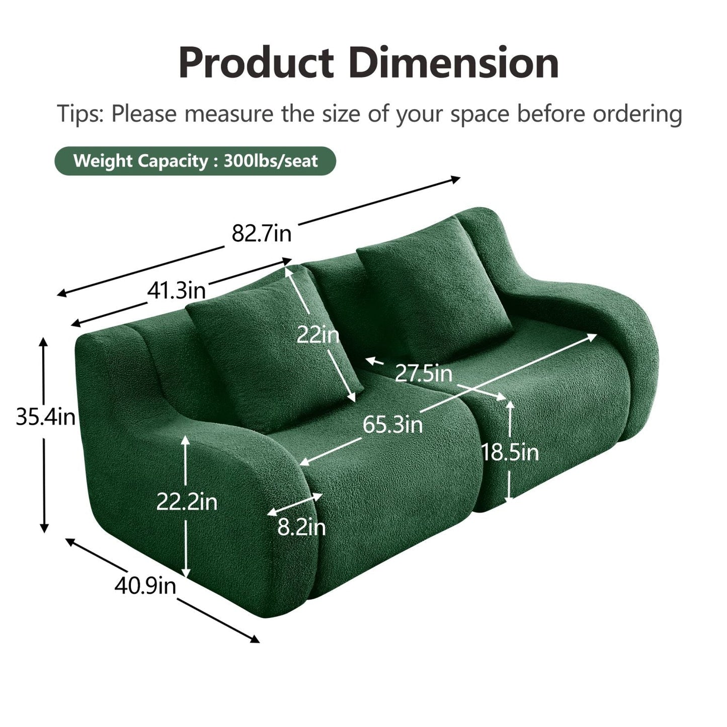 Soft Teddy Fabric Boneless Sofa,No Assembly Required Streamlined Design,Anti-Slip Design 32D High Density Sponge Fits Living Rooms Bedrooms,Green