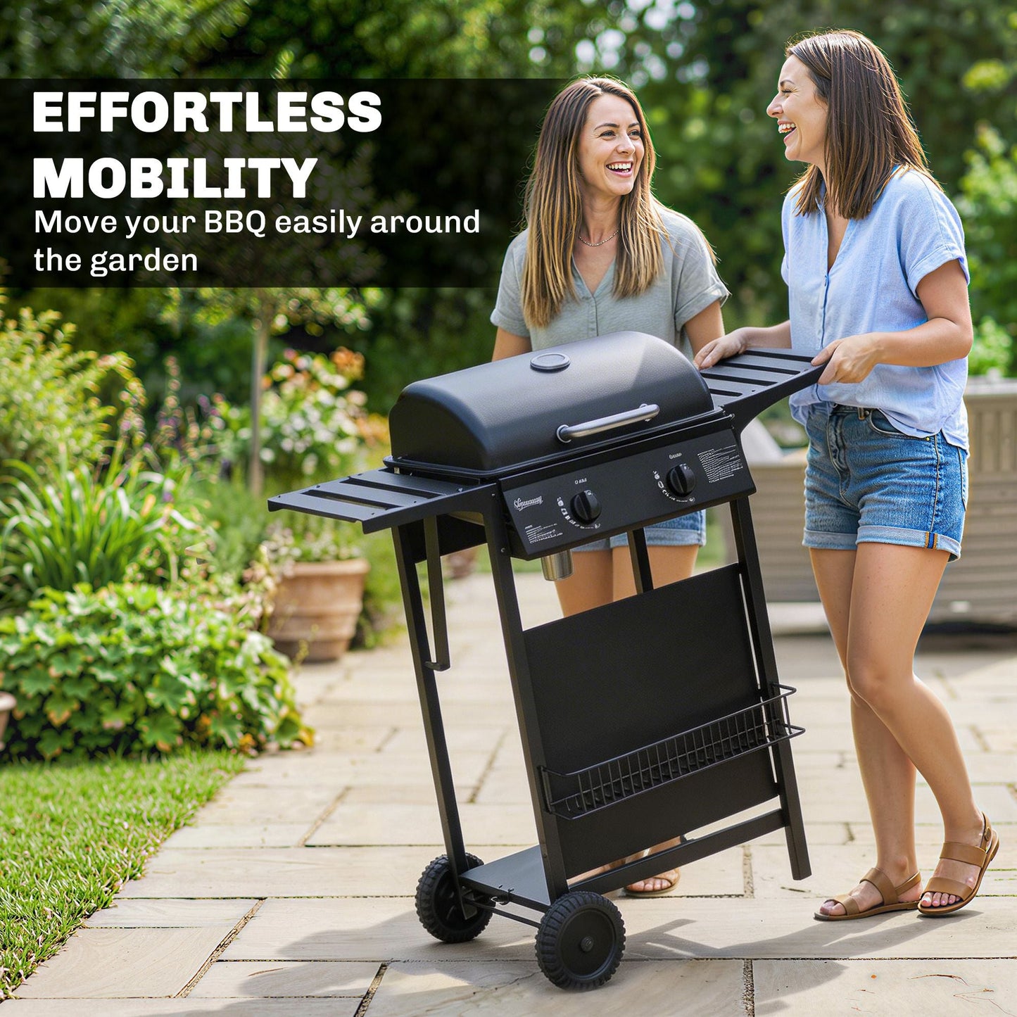 2 Burner Propane Gas Grill, 18000 BTU BBQ Grill with Wheels, Warming Rack, Shelf, Thermometer, Grease Cup, Black