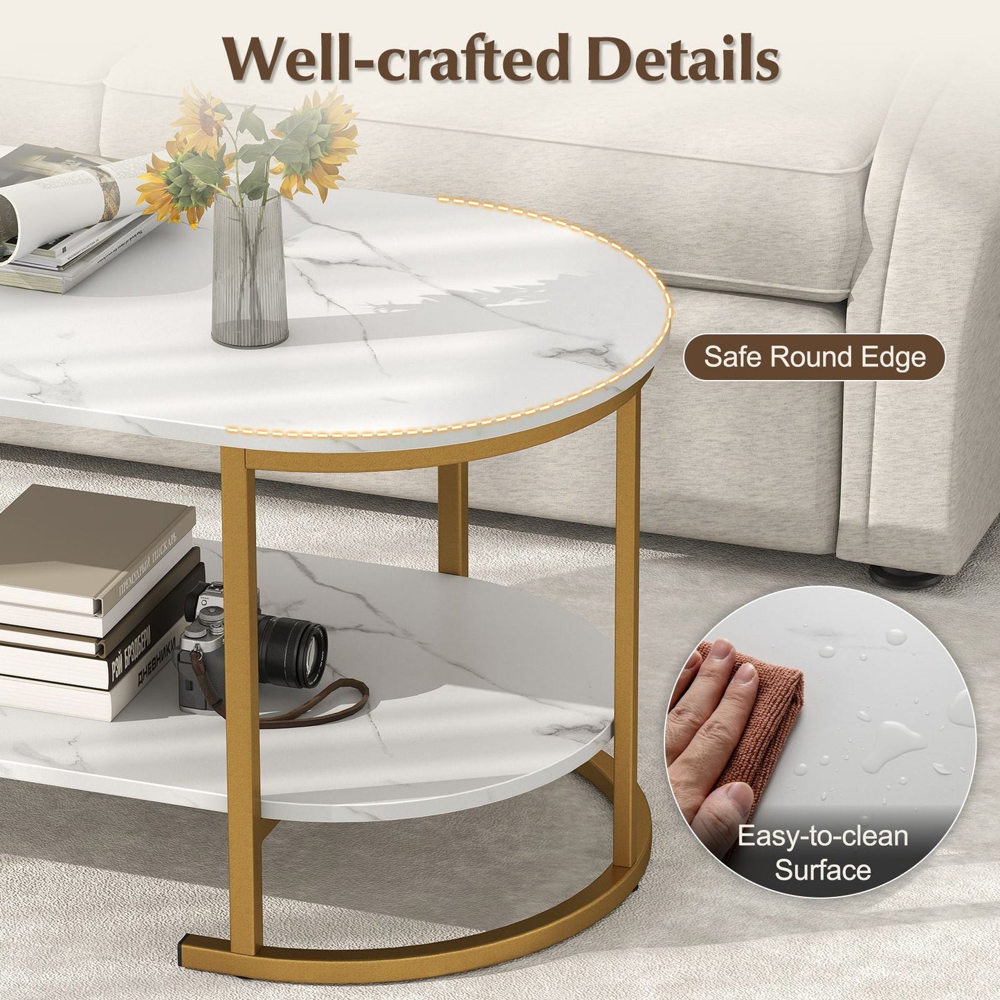Marble Coffee Table with Open Storage Shelf