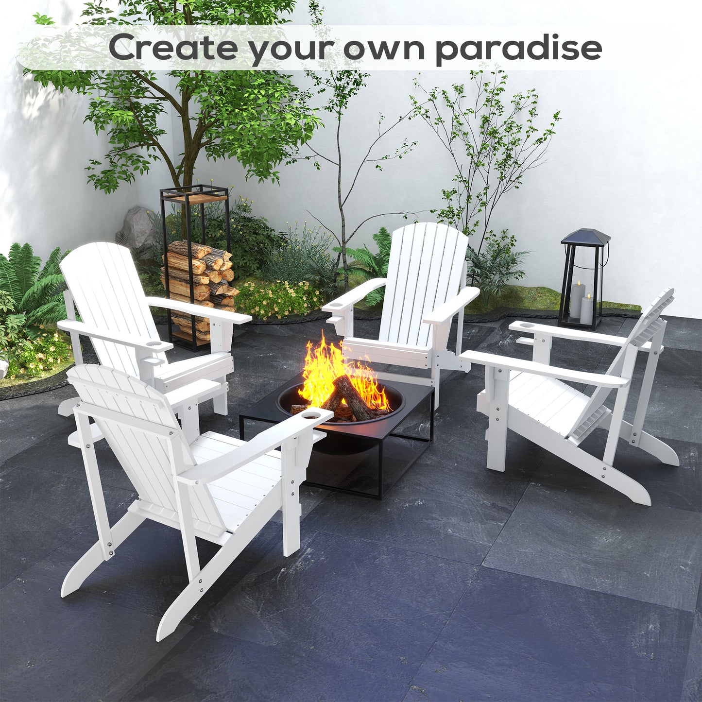 Oversized Adirondack Chair, Outdoor Fire Pit and Porch Seating, Classic Log Lounge w/ Built-in Cupholder, White
