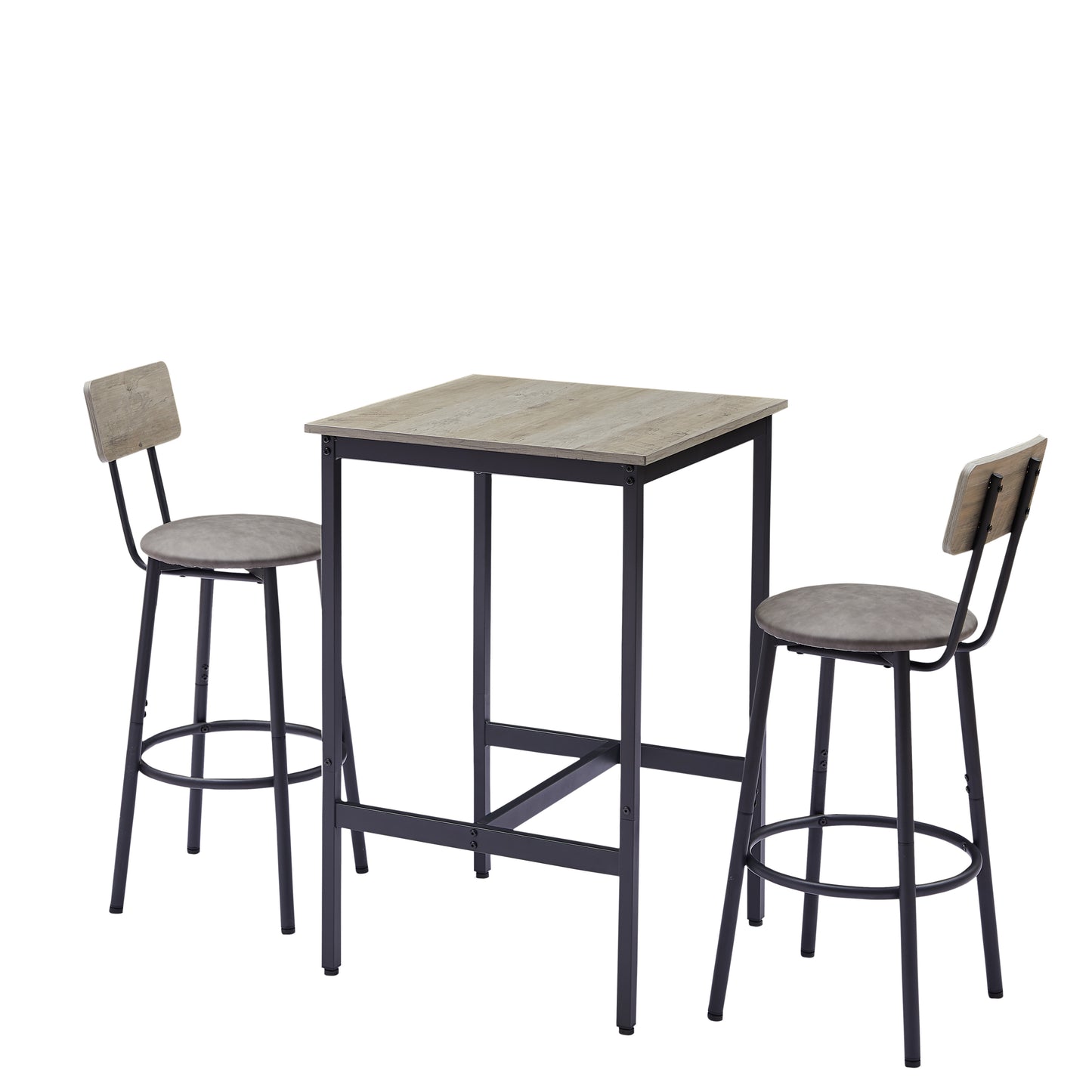 Bar Table Set With 2 Bar Stools PU Soft Seat With Backrest, Grey, 23.62 W X 23.62 D X 35.43 H
