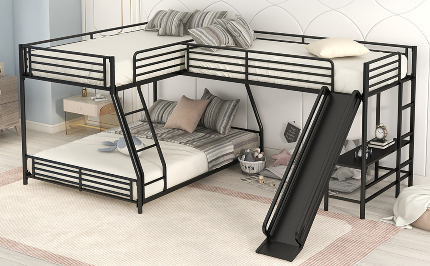 L-Shaped Twin Full Bunk Bed With Loft, Desk Slide, Black