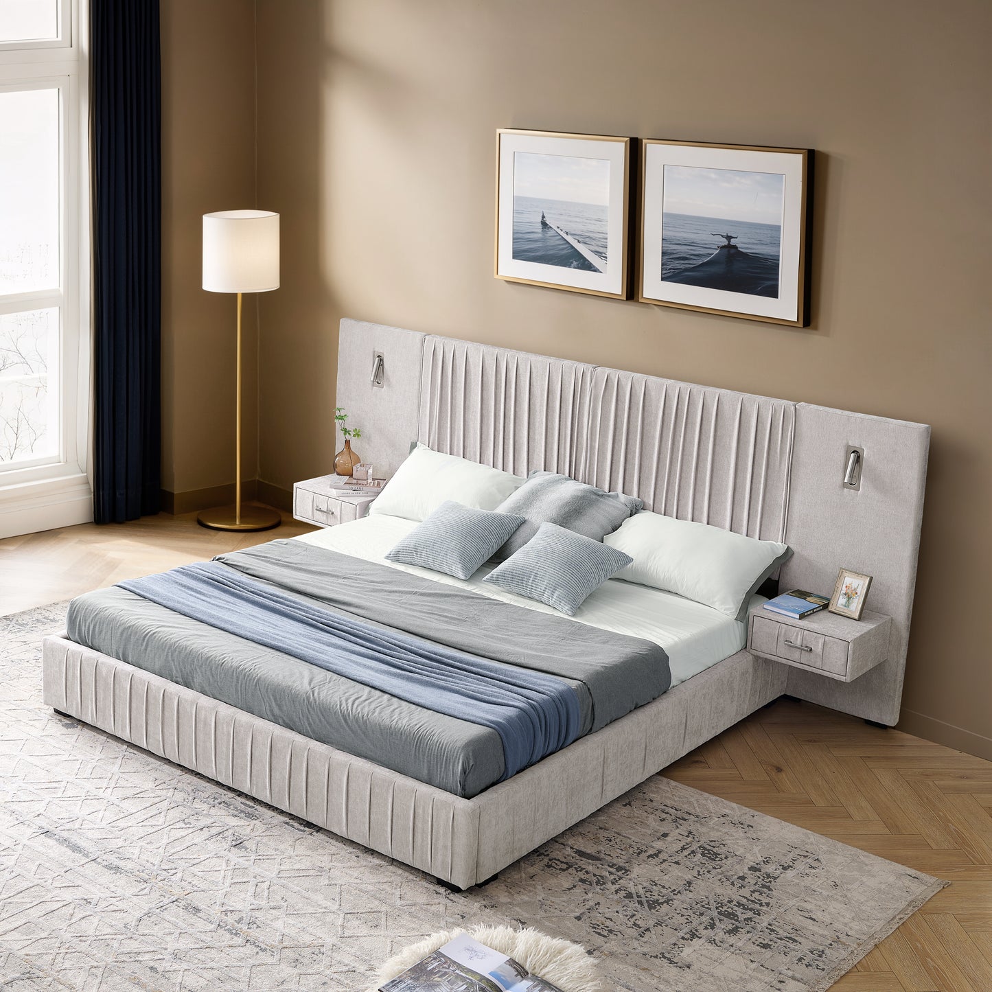 Queen Size Upholstered Bed Frame With Chenille Fabric With Pleated Design,Grounded Queen Size Platform Bed With Headboard And Solid Frame And The Bedside Table.No Box Spring Needed-Beige