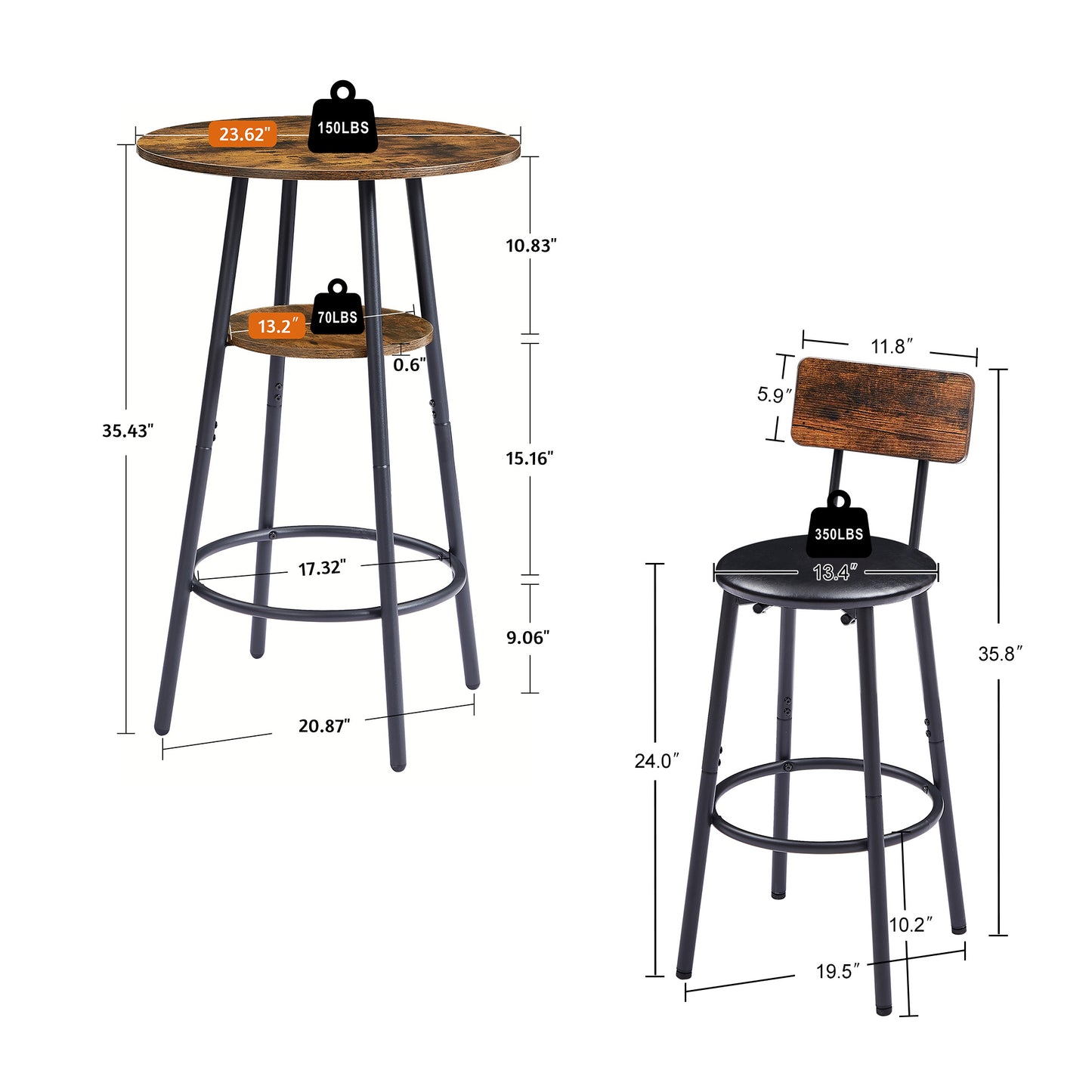 Round Bar Stool Set With Shelf, Upholstered Stool With Backrest, Rustic Brown, 23.62 W X 23.62 D X 35.43 H