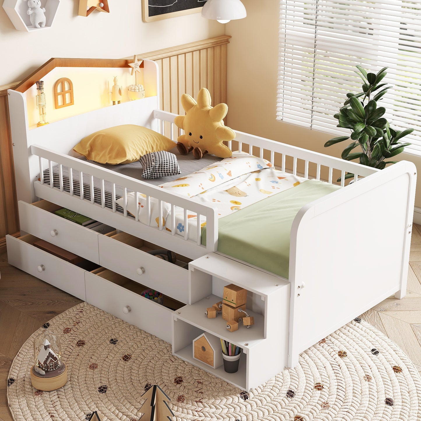 Low Loft Bed With LED Lights, Wooden Twin Loft Bed With House Shape Headboard, Kids Loft Bed With Storage Drawers, White Expect Arrival Date 2025 1 20