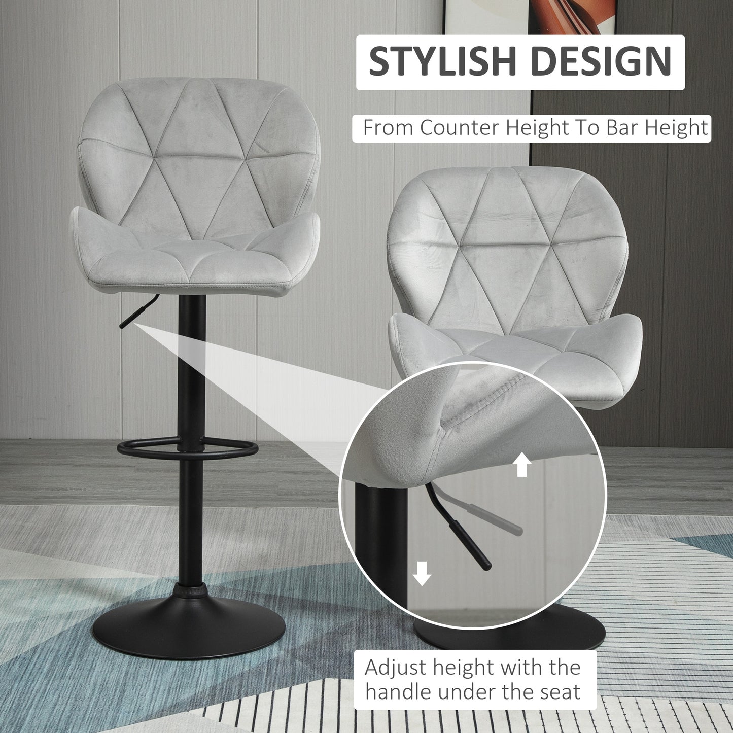 Adjustable Bar Stools Set Of 2, Armless Upholstered Swivel Counter Chairs, Barstools With Back, Footrest, Light Grey