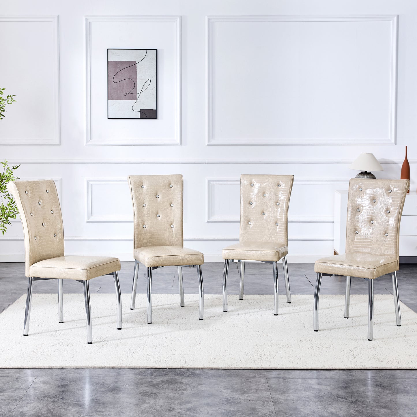 A Set Of 2 Beige And Silver Vintage Crocodile Leather Cushioned Dining Chairs, Featuring Crystal Clasp Design And Artificial Leather Design, Adding A Touch Of Elegance And Mystery To The Dining Area