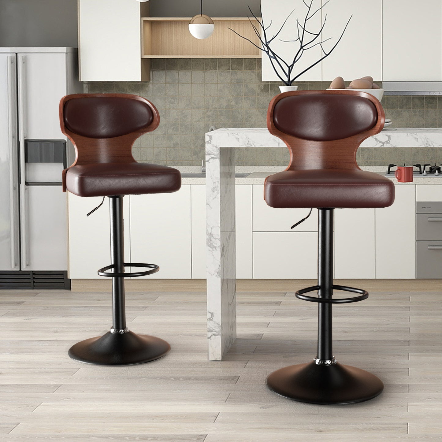 Bar Stools Set Of 2, Bentwood Swivel Barstools Seat Adjustable Height 24.5-33.5IN With Back & Footrest - PU Leather Upholstered Bar Chair For Dining Room