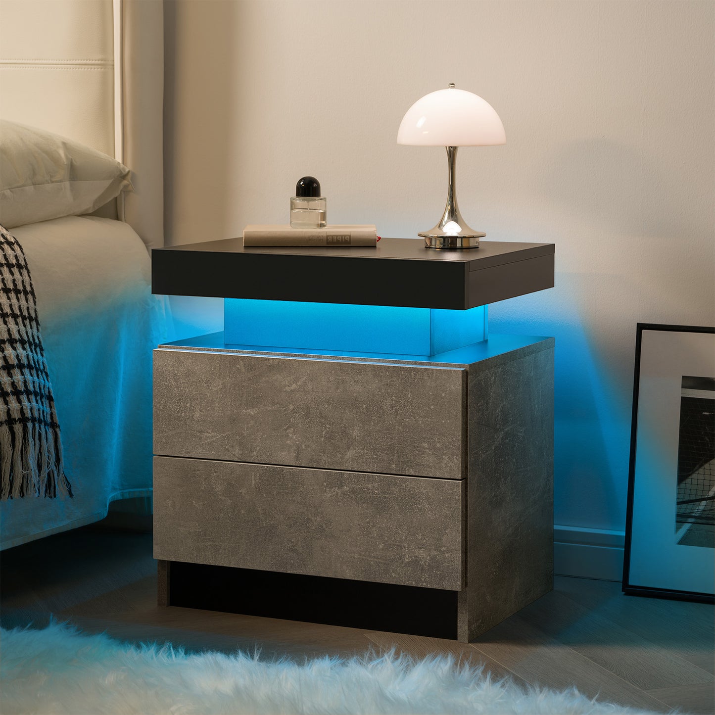 Nightstand LED Bedside Table Cabinet Lights Modern End Side With 2 Drawers For Bedroom Black Gray