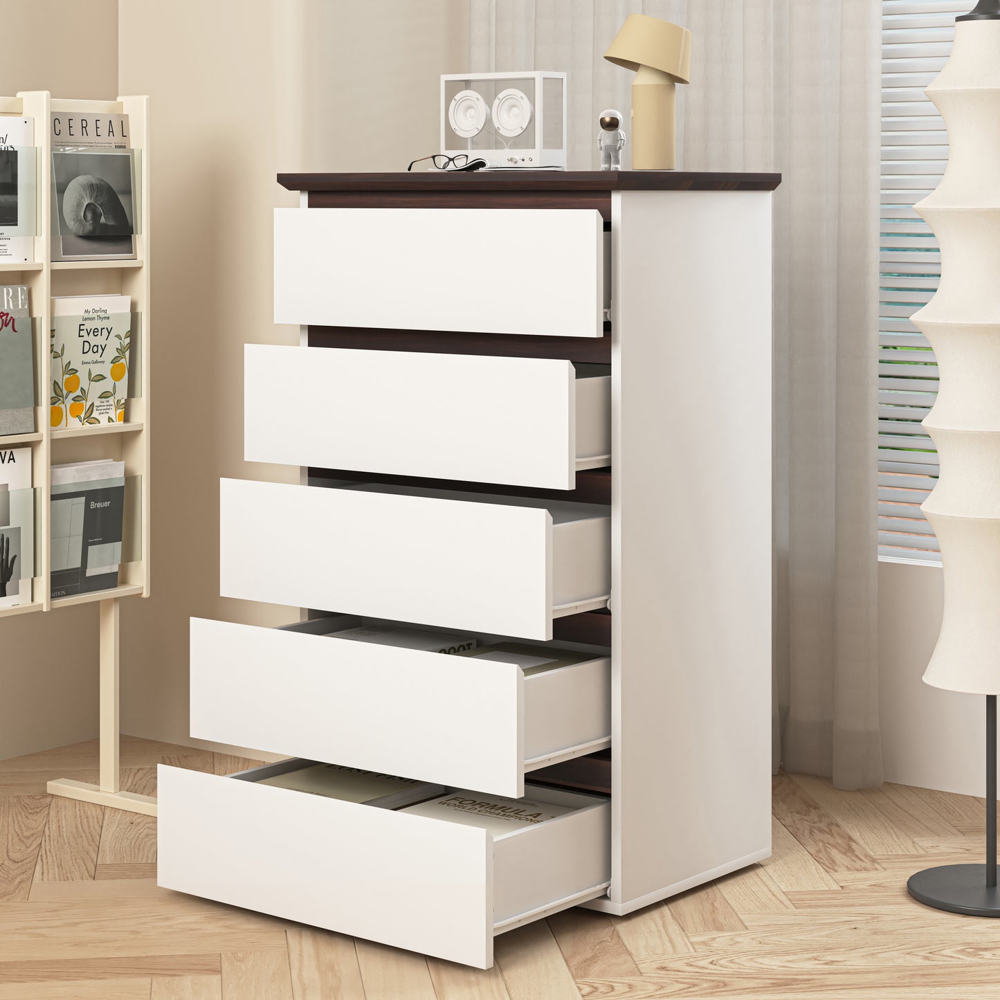 5 Drawer Dresser For Bedroom, Modern Closet Dressers Chest Of Drawers, White & Walnut Color Storage Dresser Chest Cabinet Organizer Unit