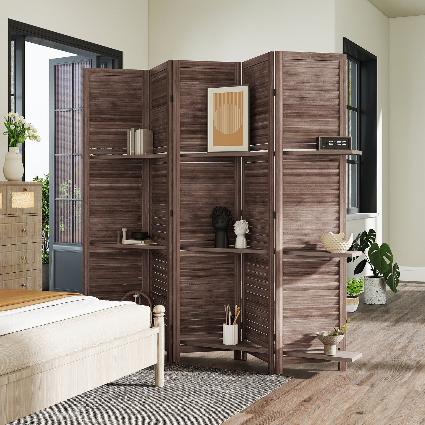 5 Panel 67" Tall Wood Privacy Screen Room Divider with 3 Shelves and Folding Storage for Bedroom, Walnut