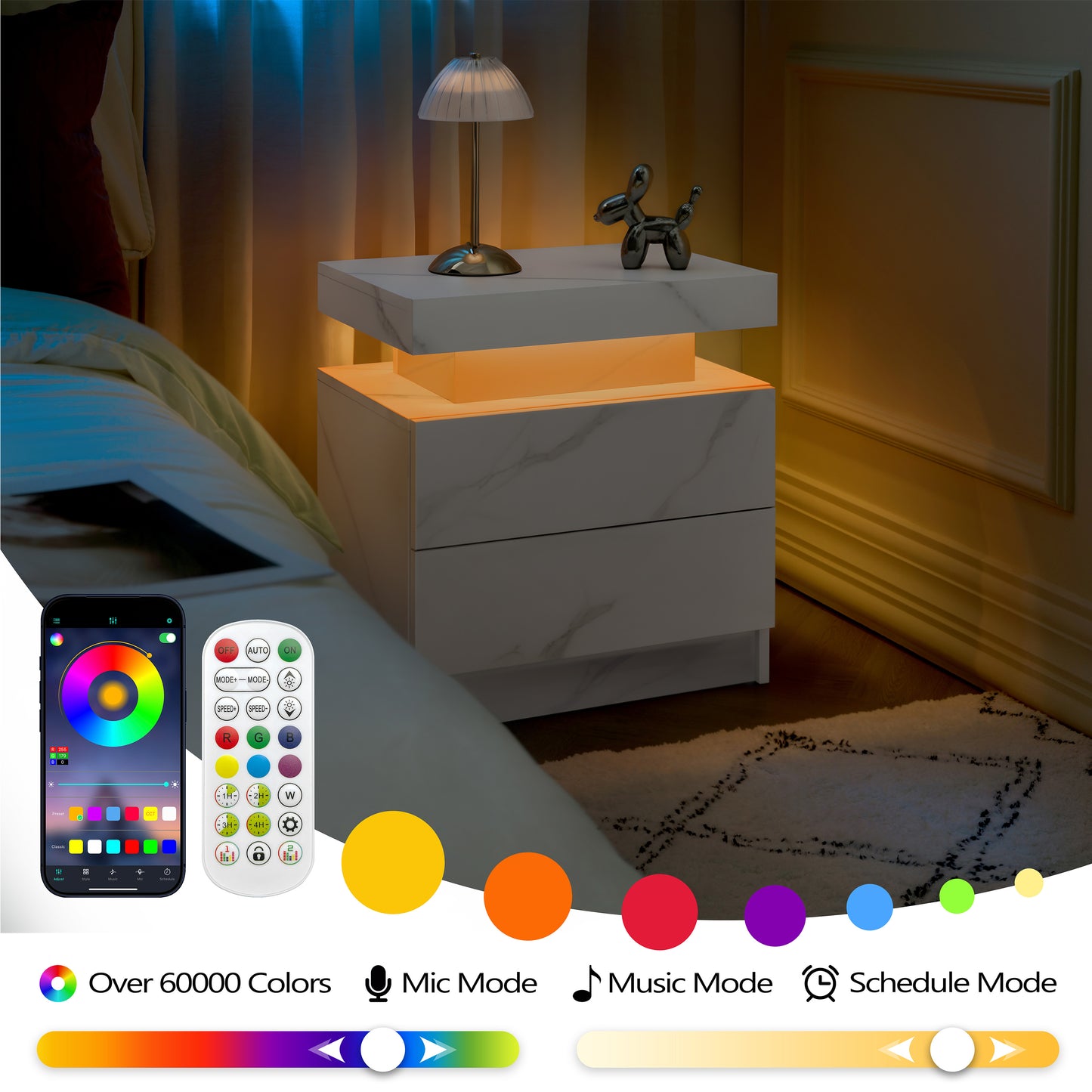 Nightstand LED Bedside Table Cabinet Lights Modern End Side With 2 Drawers For Bedroom White Stone