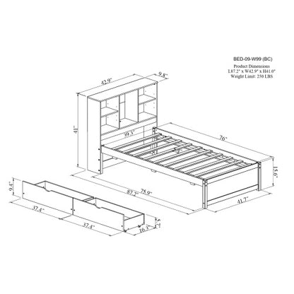 Modern Twin Size Bed Frame With Built-in USB Port On Bookcase Headboard And 2 Drawers For Grey Color