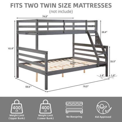 Twin Over Full Bunk Bed With Ladder,Wooden Bunk Bed With High Guardrail And Ladder For Kids, Teens, Dorm Rooms, And Guest Rooms,No Box Spring Needed,Grey
