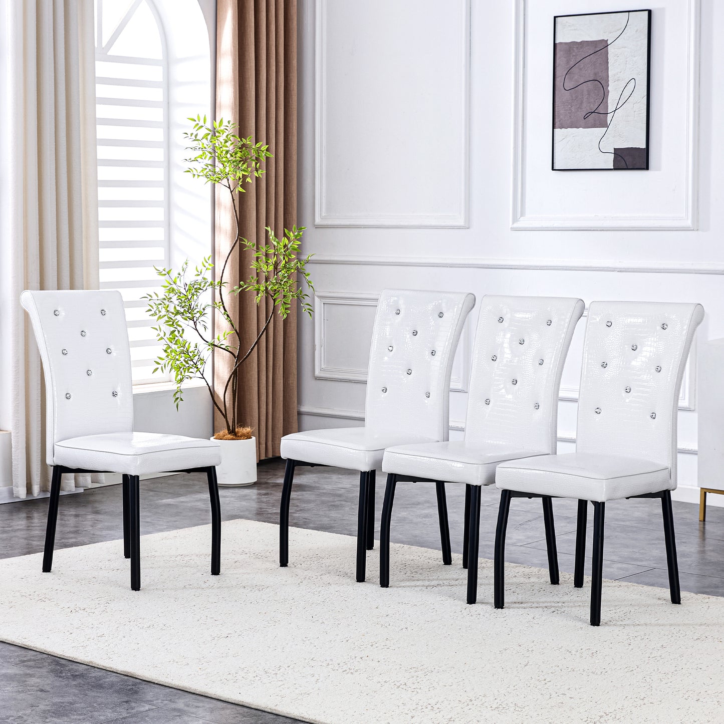 A Set Of 2 White And Black Vintage Crocodile Leather Cushioned Dining Chairs, Featuring Crystal Clasp Design And Artificial Leather Design, Adding A Touch Of Elegance And Mystery To The Dining Area