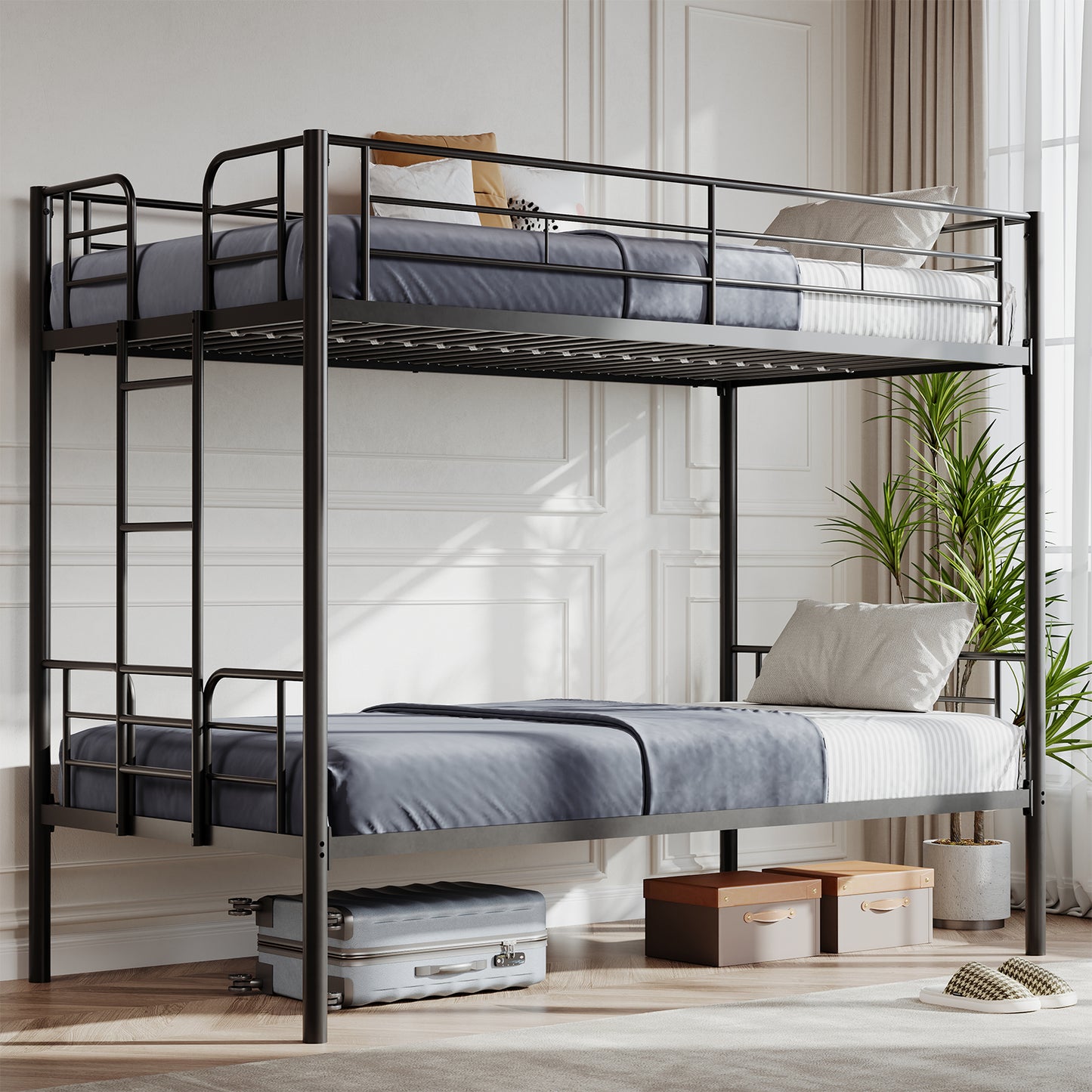 Metal Double-layer Bed With Stairs And Safety Railings, Sturdy Steel Frame, No Need For A Mattress, Double-layer Bed That Saves Space