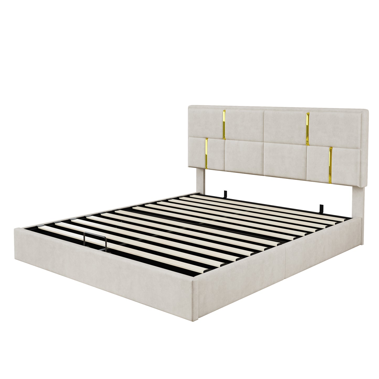 2-Pieces Bedroom Sets,Queen Size Upholstered Platform Bed With Hydraulic Storage System,Storage Ottoman With Metal Legs,Beige
