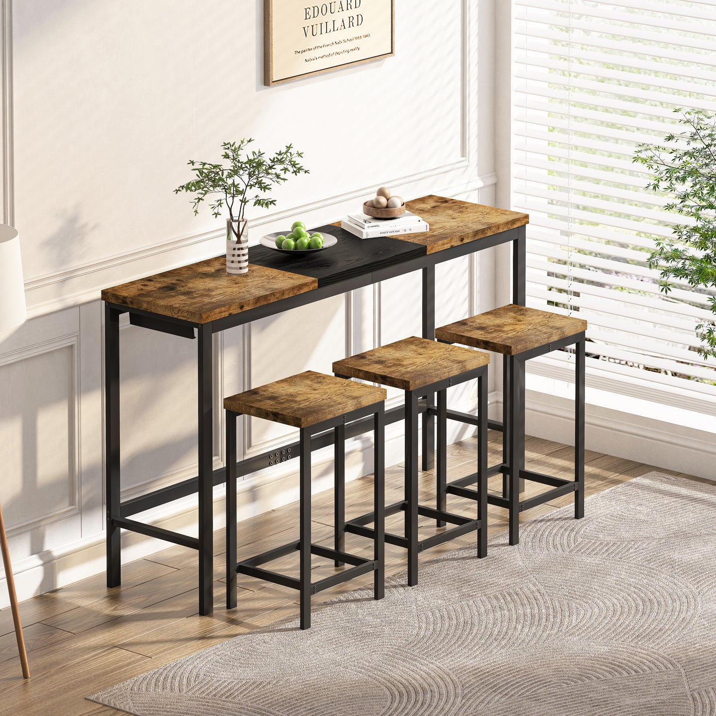 Modern Design Kitchen Dining Table, Pub Table, Long Dining Table Set With 3 Stools, Convenient Hanging Stool Design, Natural Black,