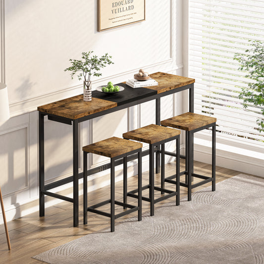 Modern Design Kitchen Dining Table, Pub Table, Long Dining Table Set With 3 Stools, Convenient Hanging Stool Design, Natural Black,