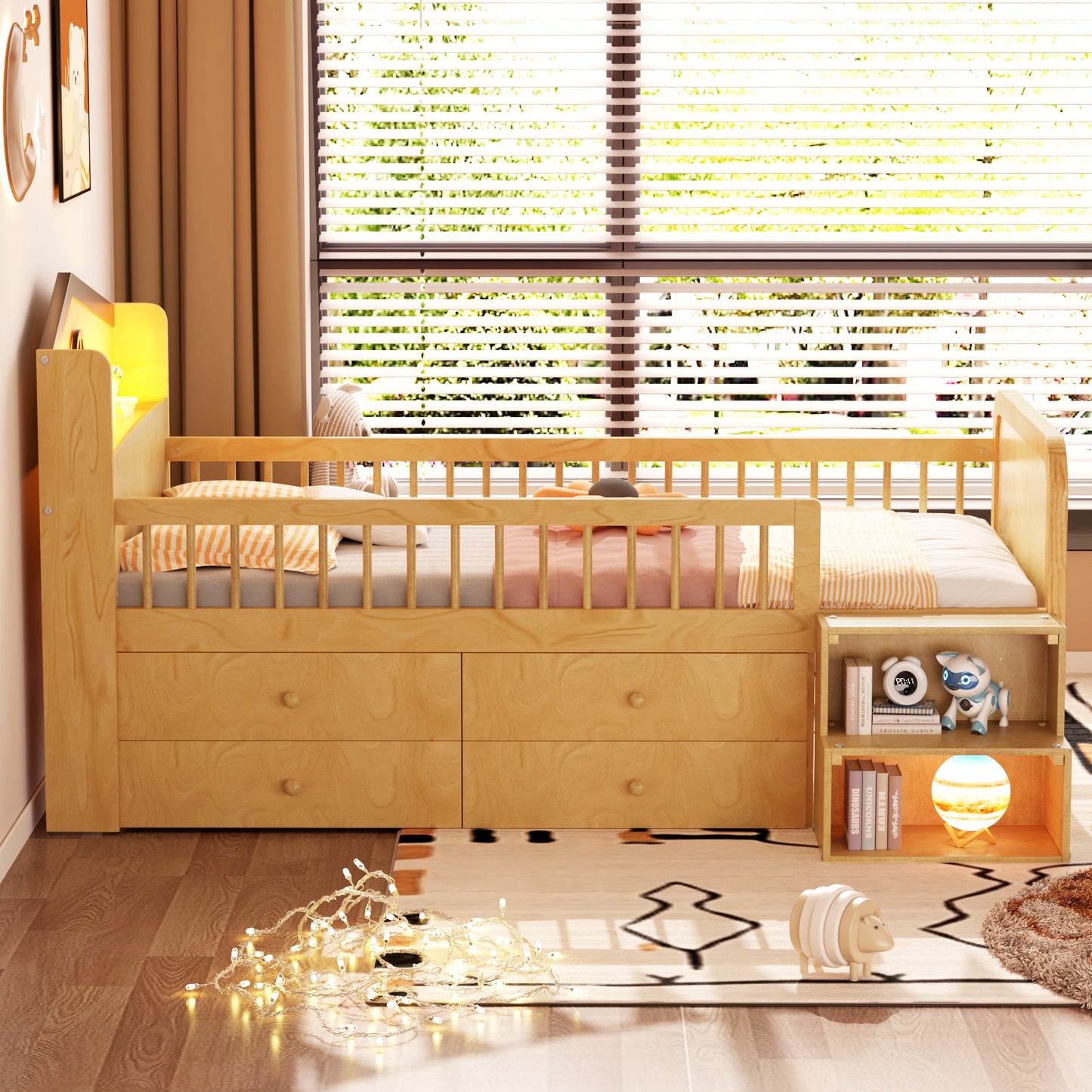 Low Loft Bed With LED Lights, Wooden Twin Loft Bed With House Shape Headboard, Kids Loft Bed With Storage Drawers, Natural Expect Arrival Date 2025 1 20