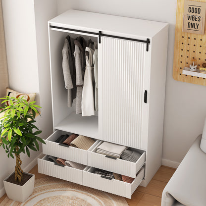 Tall Bedroom Armoire Wardrobe Closet Clothing Storage Cabinet With Hanging Rod Barn Door Drawers Open Shelves,White
