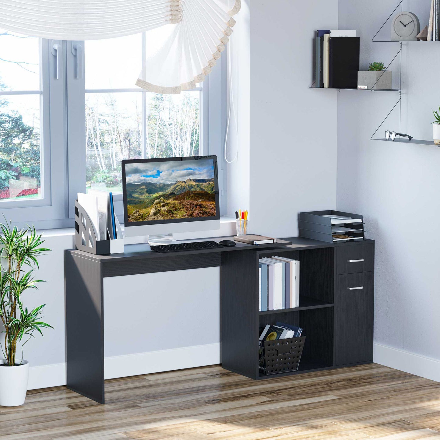 L Shaped Computer Desk, 180° Rotating Corner Desk with Storage Shelves, Drawer and Cabinet, Study Workstation for Home Office, Black