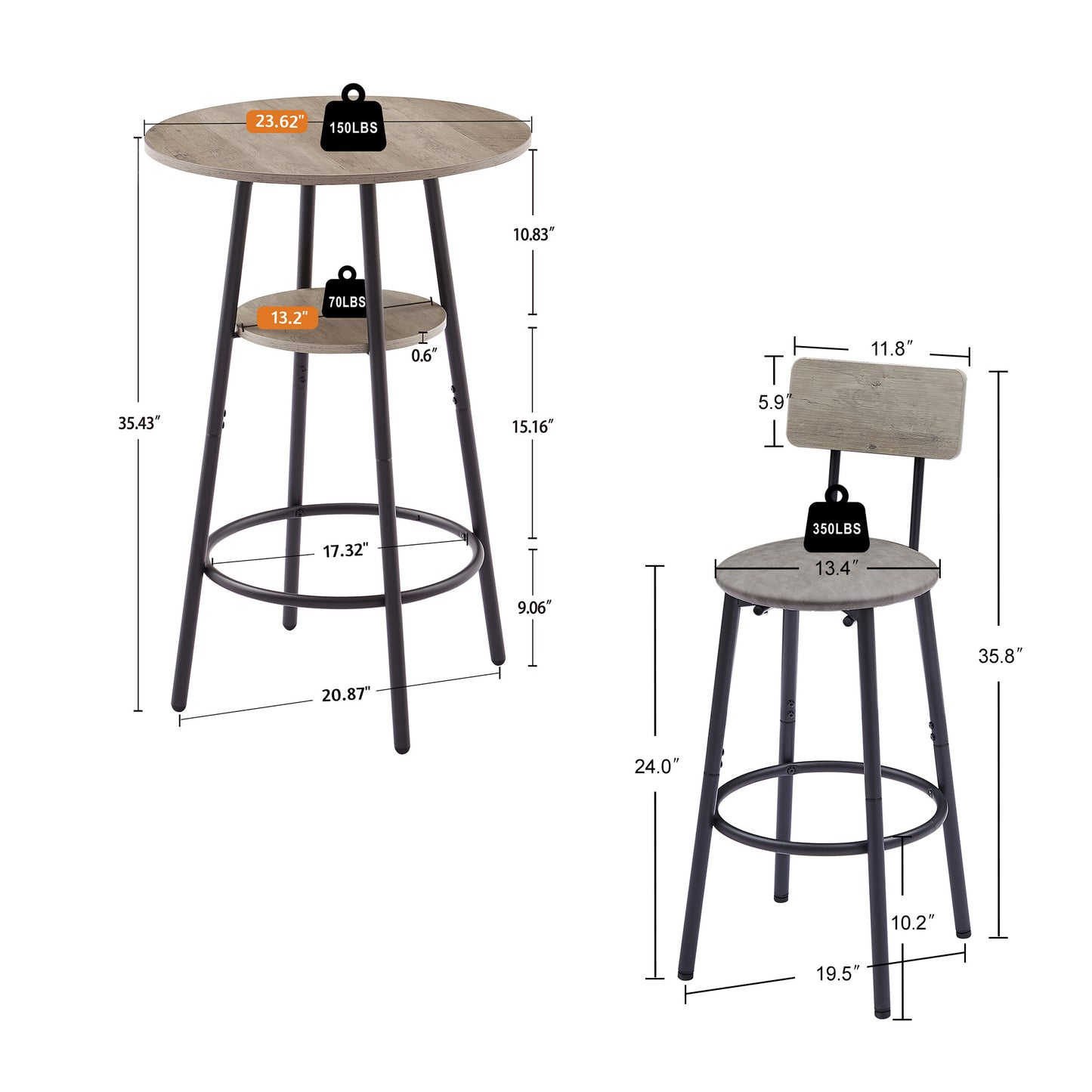 Round Bar Stool Set With Shelf, Upholstered Stool With Backrest Grey, 23.62  W X 23.62  D X 35.43  H.