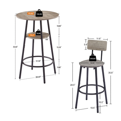 Round Bar Stool Set With Shelf, Upholstered Stool With Backrest Grey, 23.62  W X 23.62  D X 35.43  H.