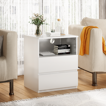 Set Of 2 End Table With Fast USB C Charging Station, Sofa Side Table With 2 Drawers, Large Storage Modern Wood Storage Cabinet For Living Room,Bedroom,Office, White