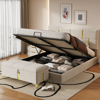 2-Pieces Bedroom Sets,Queen Size Upholstered Platform Bed With Hydraulic Storage System,Storage Ottoman With Metal Legs,Beige