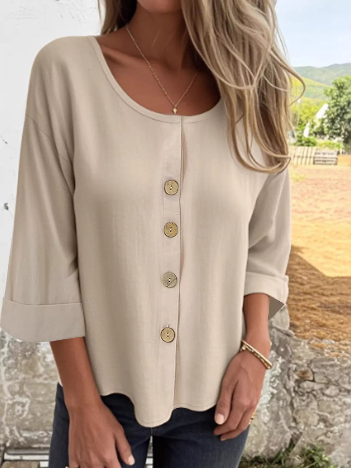 Full Size Button-Front 3/4 Sleeve Casual Blouse Plus Size