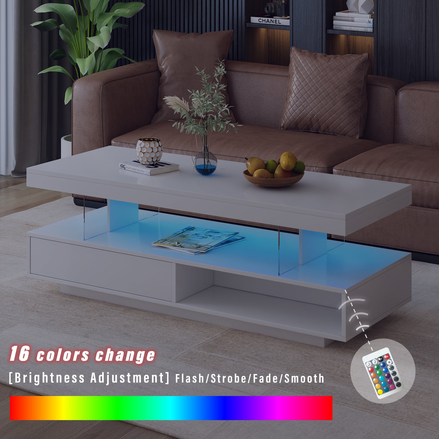 VIBE HAUS LED Coffee Table With Storage, Modern Center Table With 2 Drawers And Display Shelves, Accent Furniture With LED Lights For Living Room,White