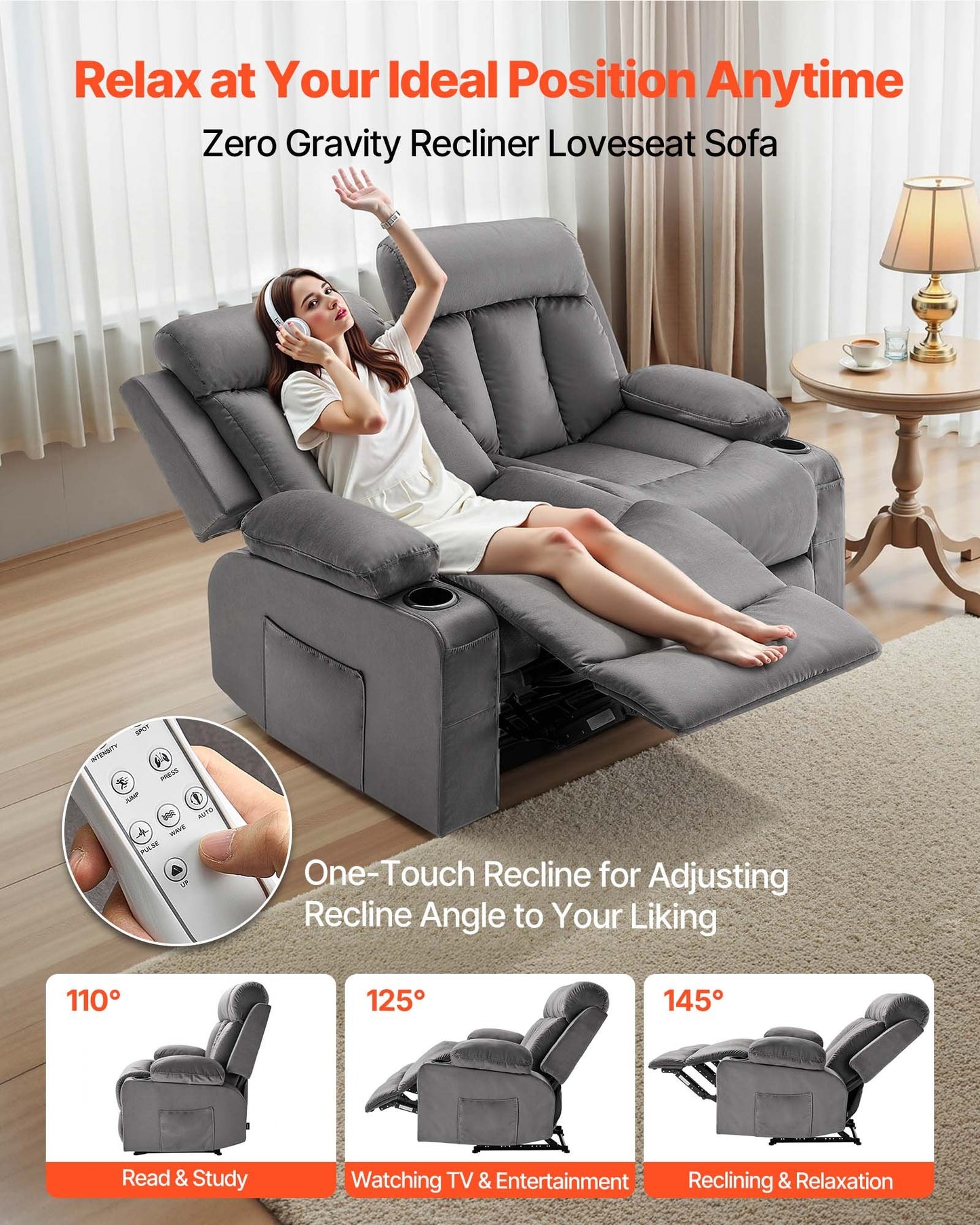 Loveseat Recliner Sofa, Power Reclining Couch With Heating And Massage, Soft Velvet Electric Recliner Sofa With USB Ports, Cup Holders AndSideBags, Dual Loveseat Chair For Living Room, Grey