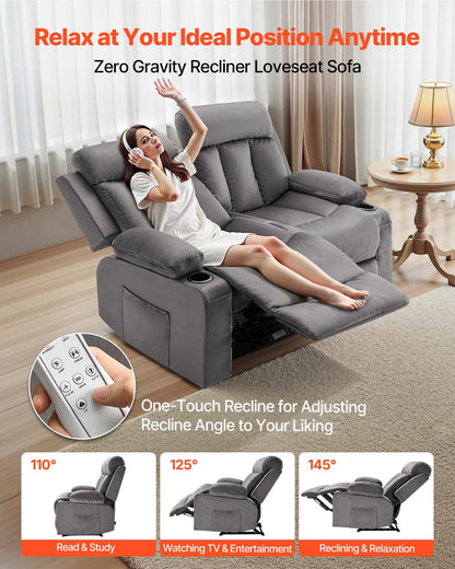 Loveseat Recliner Sofa, Power Reclining Couch With Heating And Massage, Soft Velvet Electric Recliner Sofa With USB Ports, Cup Holders AndSideBags, Dual Loveseat Chair For Living Room, Grey