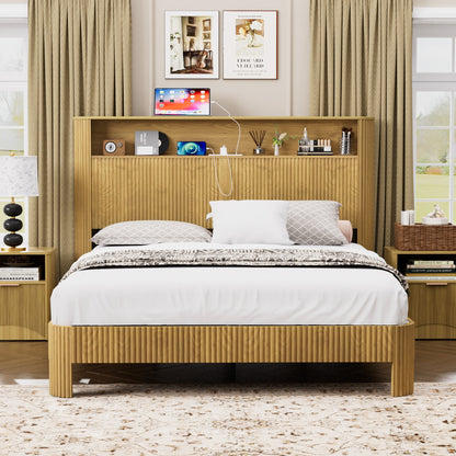 Queen Size Bed Frame With Storage Headboard, Built-in Charging Station, Wavy Curved Lines Design, Silent Operation, Metal Support, Natural