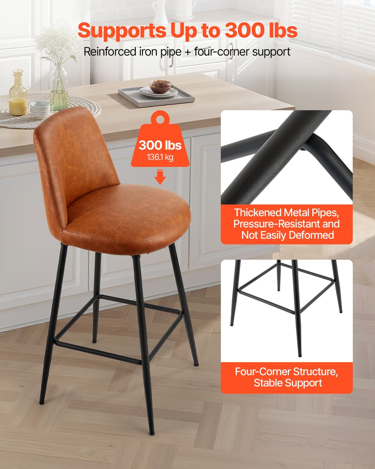 Bar Stool Set Of 2, 27 Inch Counter Height Swivel Stools, Modern PU Leather Counter Barstool With Backrest And Metal Legs, Armless Bar Chair, Island Barstool For Kitchen, Dining Room, Brown