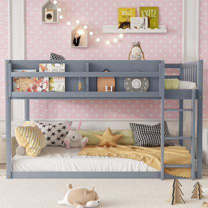 Low Twin Over Twin Bunk Bed, Floor Bunk Bed With Ladder, Solid Wood Twin Bunk Bed For Kids & Juniors, GreyExpect Arrival Date 2025 11 25
