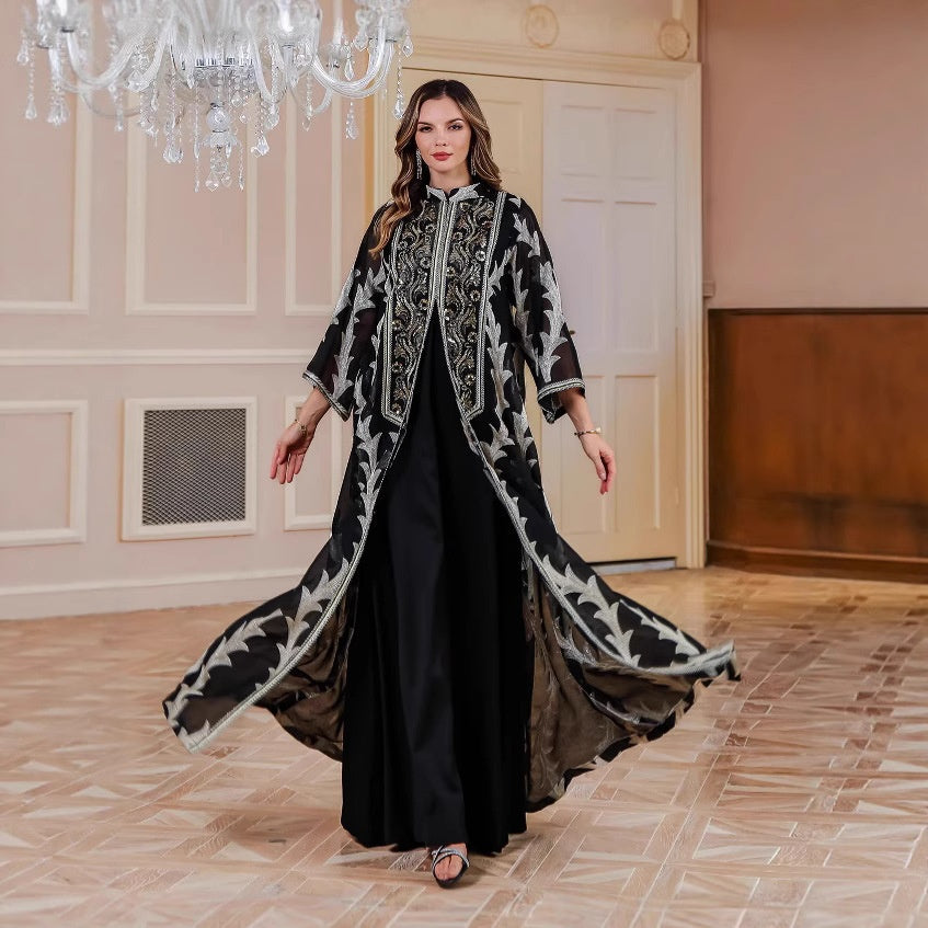 Heavy Embroidered Mesh Long Robe Dubai Party Dress Middle East Long Skirt Muslim Women's Long Robe