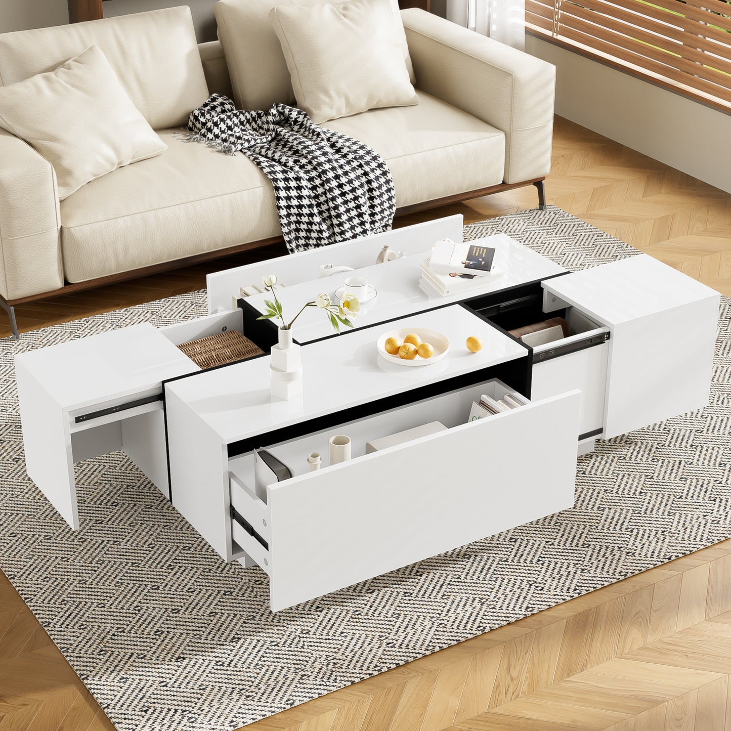 U-Can 47.2 -72.7  Extendable Coffee Table, Multi-Functional Coffee Table With High-Gloss Finish, Coffee Table With 2 Hidden Storage Space And 2 Drawers For Living Room