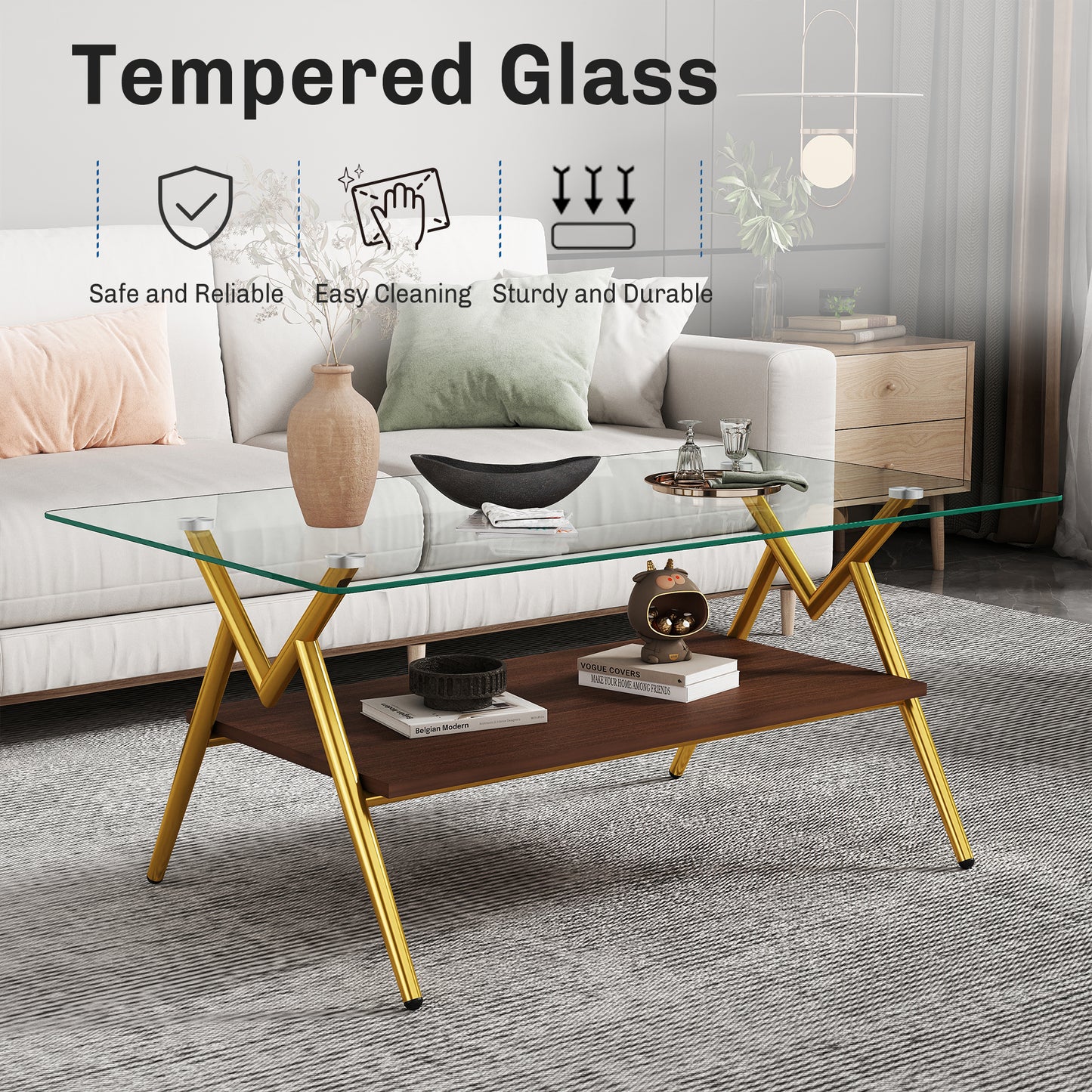 Rectangle Coffee Table With Tempered Glass Top And Golden Metal Legs, Modern Table For Living Room , Transparent Glass