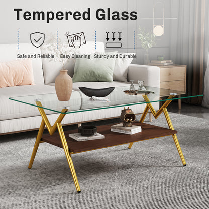 Rectangle Coffee Table With Tempered Glass Top And Golden Metal Legs, Modern Table For Living Room , Transparent Glass