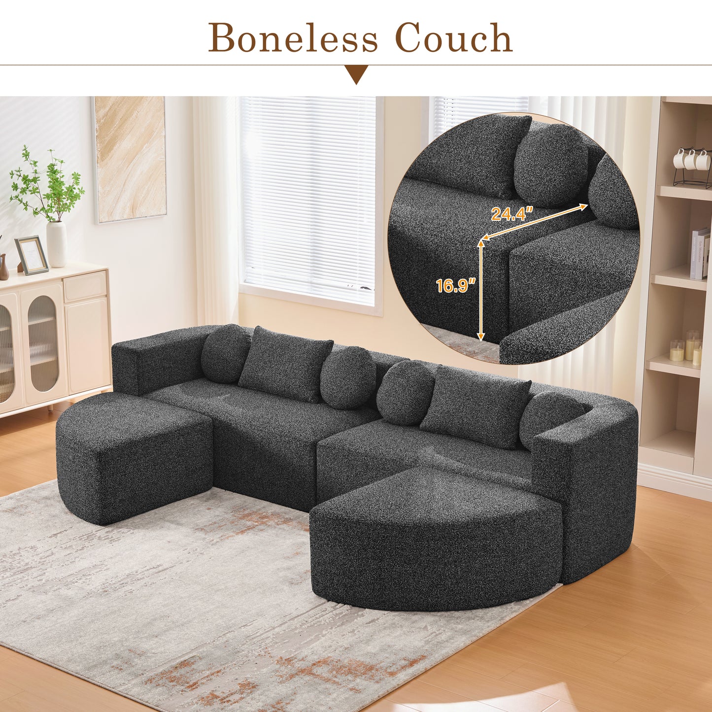 Boneless Couch Modular Sectional Sofa 114.9 Free-combined Sofa Couch Sofa Bed Compression Sofa With Deep Seating And Curved Design For Living Room, Black