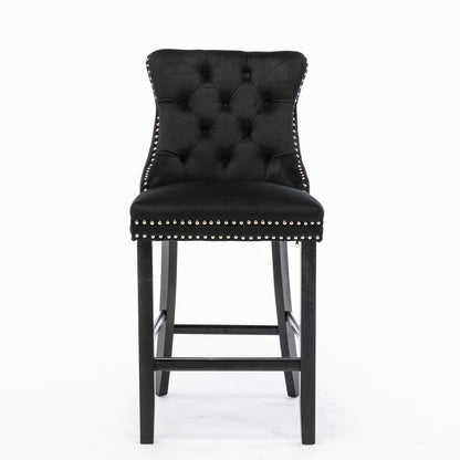 Contemporary Velvet Upholstered Barstools With Button Tufted Decoration And Wooden Legs, And Chrome Nailhead Trim, Leisure Style Bar Chairs,Bar Stools, Set Of 2 Black,SW2002BK