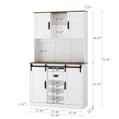 Farmhouse Bar Cabinet With Sliding Barn Door, Large Kitchen BuffetRustic Coffee Bar Sideboard Table,White
