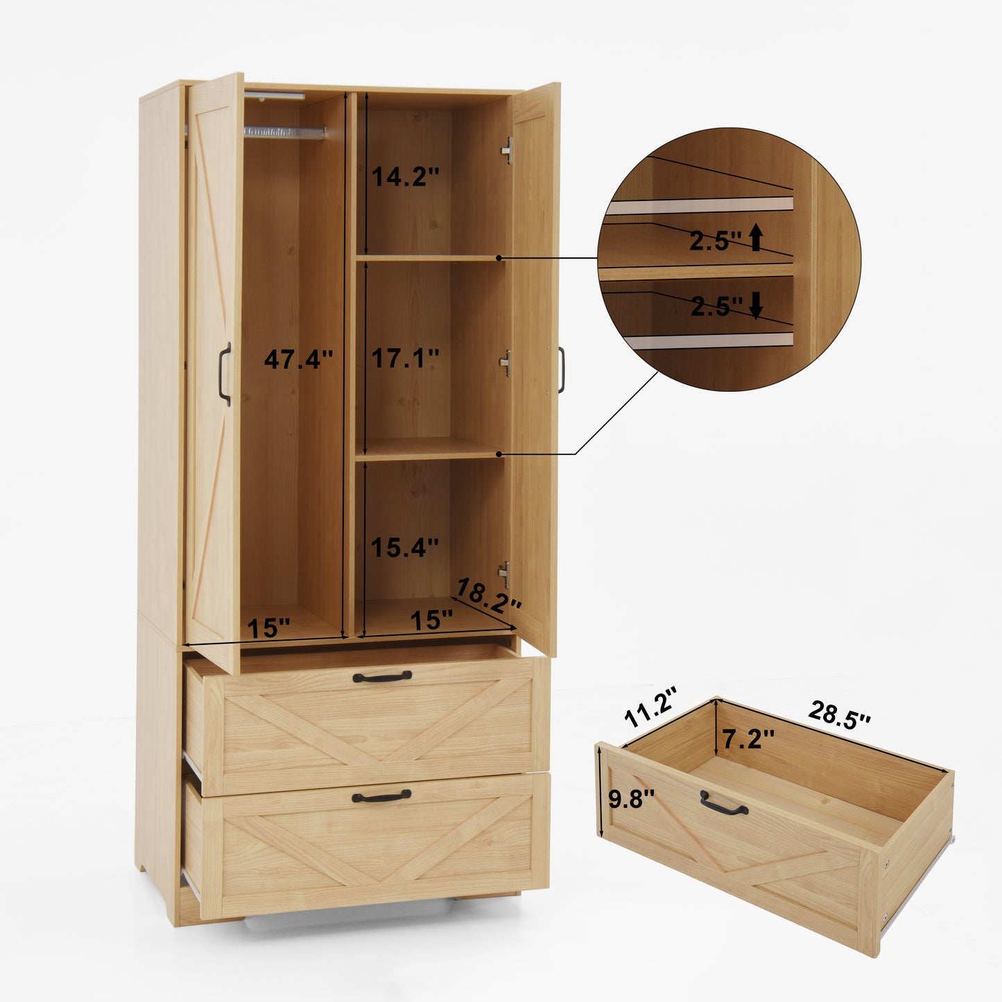 2 Door Wood Wardrobe For Bedroom With Hanging Clothing Rod Inside The Cabinet And 2 Drawers For Storage Organization, Built-in Induction Light Multifunctional Closet With Mirror, Natural