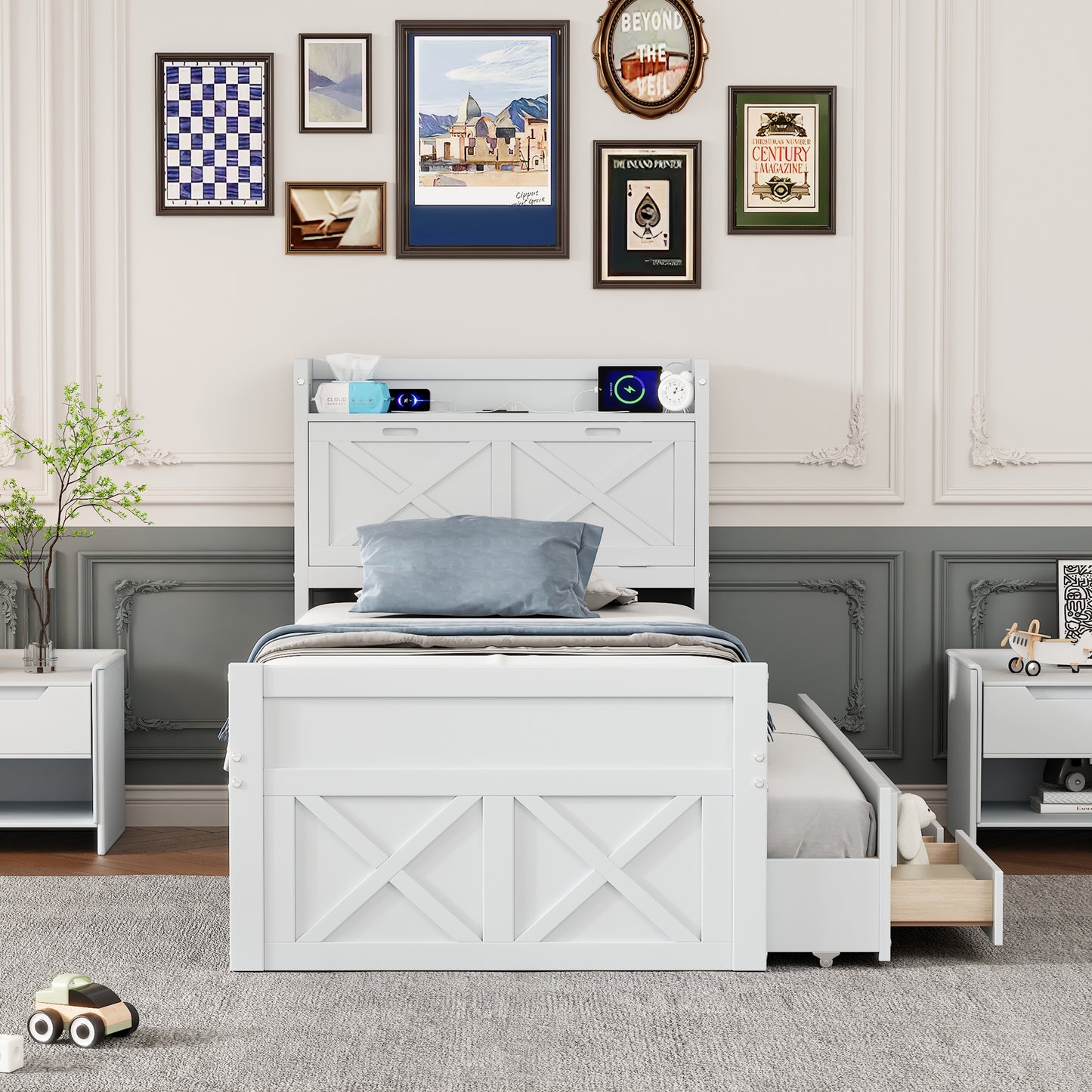 Twin Size Wooden Bed With Storage Headboard With Outlets, Extendable Bed With Twin Size Trundle With Three Storage Drawers,White