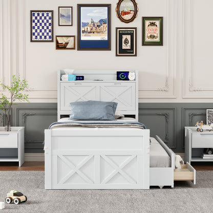 Twin Size Wooden Bed With Storage Headboard With Outlets, Extendable Bed With Twin Size Trundle With Three Storage Drawers,White